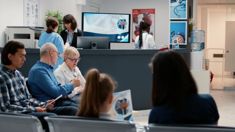 An ER waiting room with several patients seated on benches, while a nurse or clinician interacts with staff at the front desk. Medical posters and digital screens are displayed behind the reception area, and a water cooler is visible in the corner.