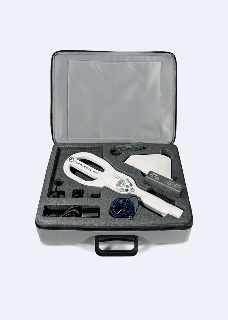 PD240 hand held screening device in its carrying case with accessories. 